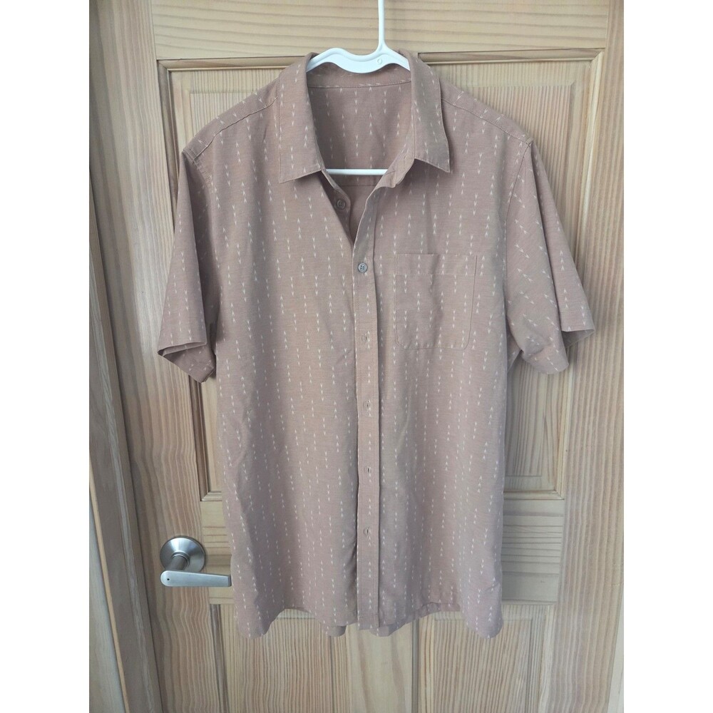 Vuori Men's Tan Brown Button Down Pattern Shirt Short Sleeve Collared Medium ?